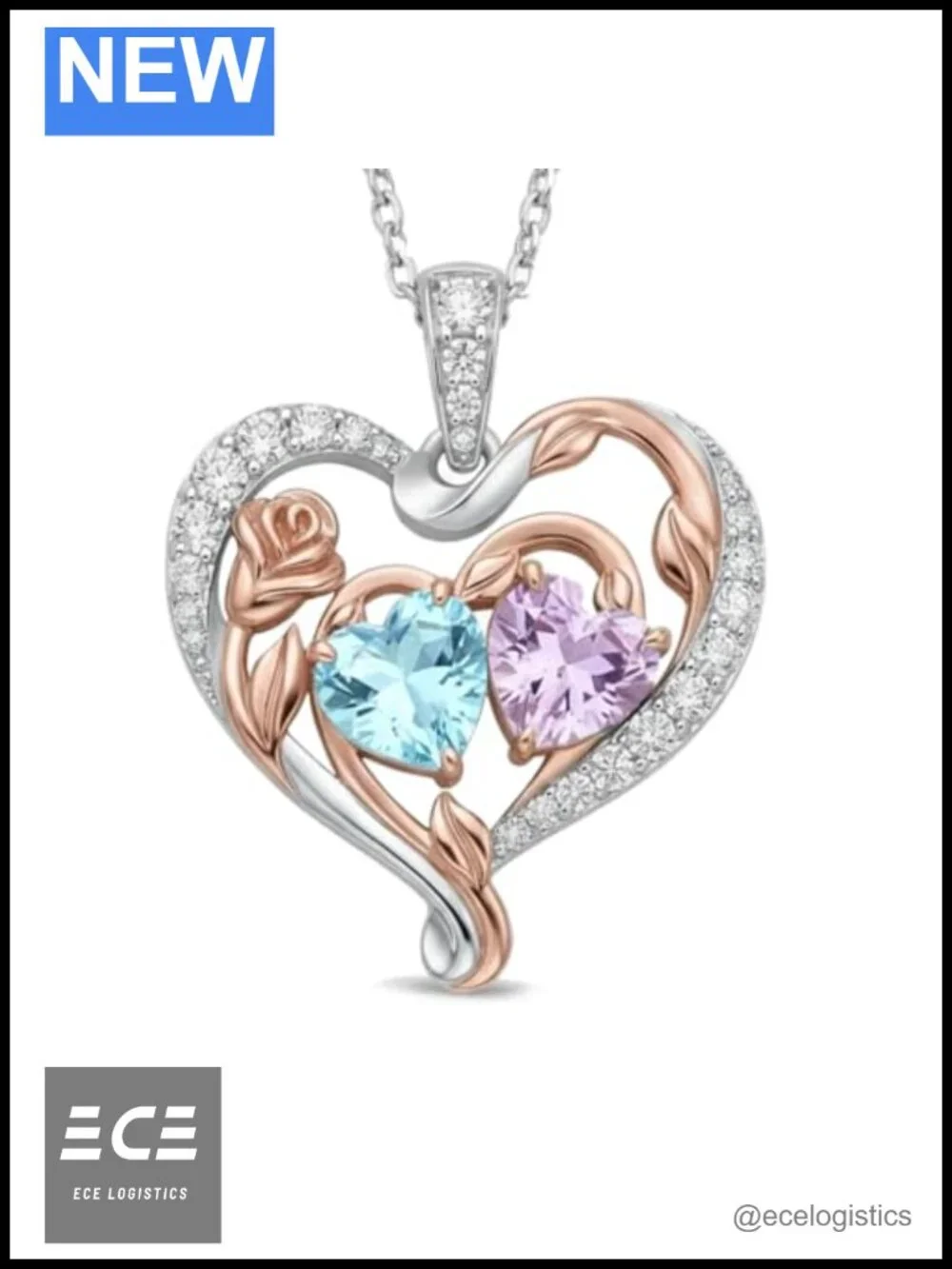 Rose Birthstone Necklace Heart Pendant Adjustable Chain Gift for Women